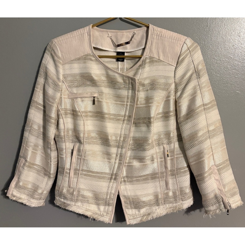 White House Black Market Striped Tweed Asymmetric Zip Jacket Champagne Cream 6